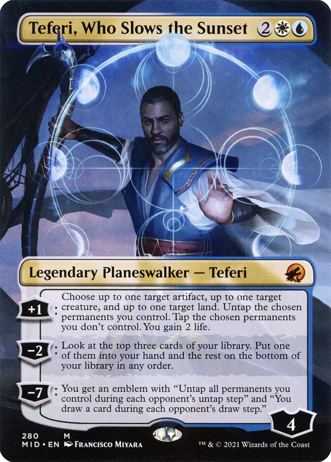 Card Scan of Teferi, Who Slows the Sunset | MID (Borderless Planeswalker)