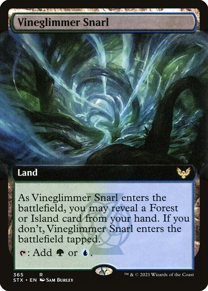 Image scan of the Vineglimmer Snarl Magic: The Gathering card, showcasing rare land card from STX set.