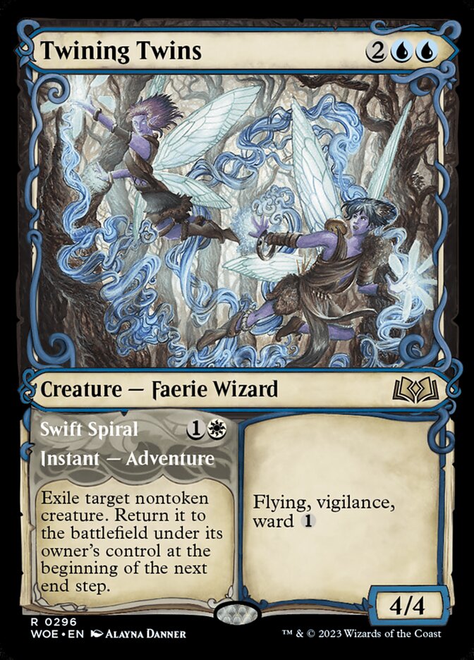 Card Scan of Twining Twins // Swift Spiral | WOE (Showcase)